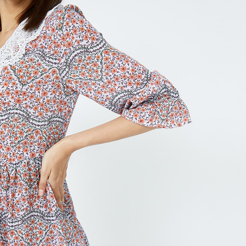 vero moda秋季新款复古田园翻领碎花七分袖连衣裙32037c024 c13卡其色