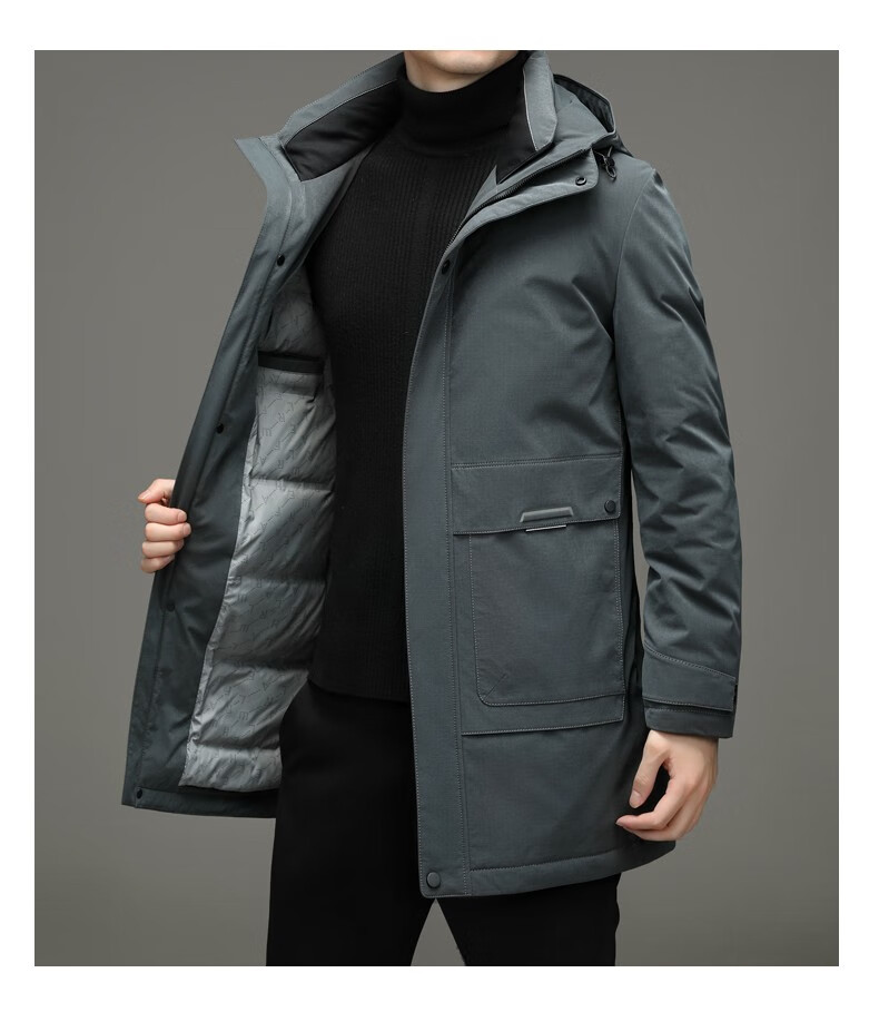 袋鼠男士羽绒服中长款外套2022冬季新款加厚白鹅绒填充连帽派克服中