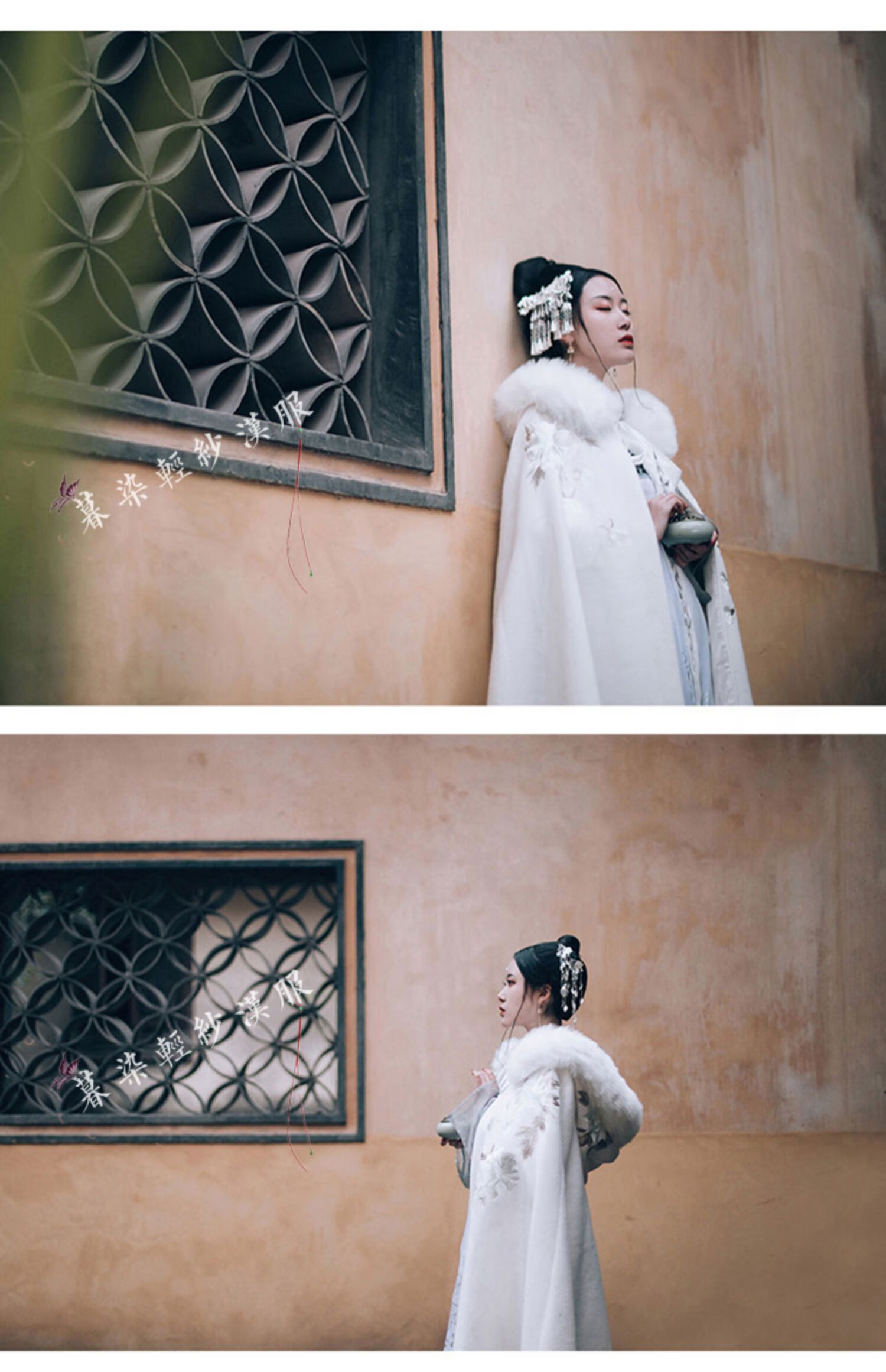 梵优美(fanyoumei) 汉服秋冬斗篷披风蓝女白色长款毛领加绒加厚中国风