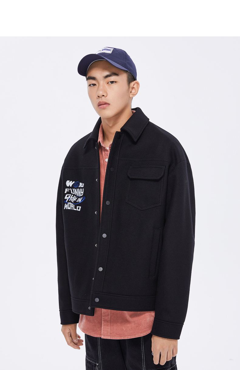 卡宾男装休闲针织呢夹克外套秋冬新款潮流涂鸦风不规则刺绣h 煤黑色01