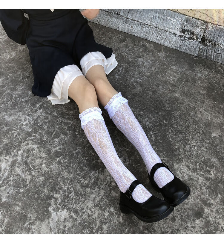 洛丽塔白色蕾丝袜子女中筒两穿夏季薄款jk可爱日系过膝花边袜白色蕾丝