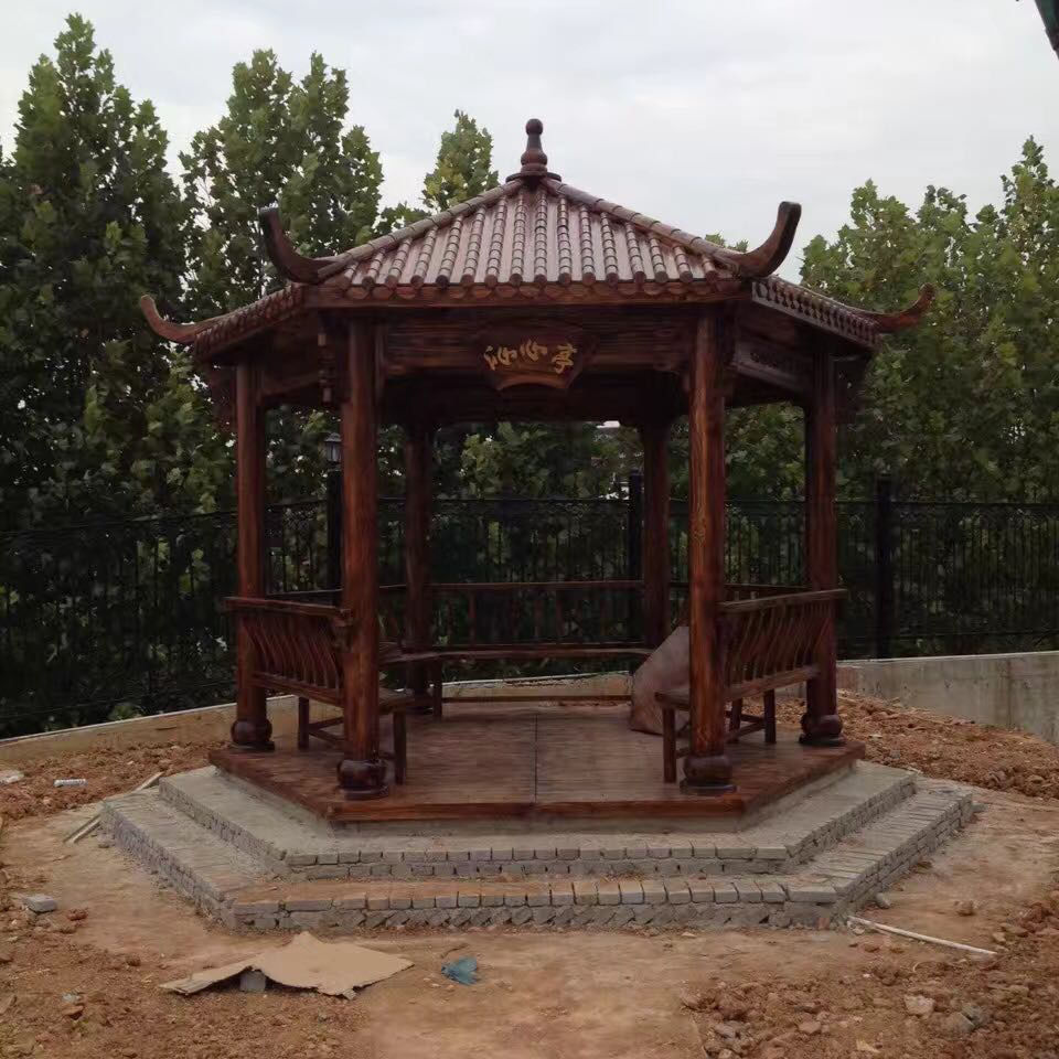 新款户外庭院防腐木凉亭木屋实木八角青瓦古建仿古长廊亭子卡汐沐红