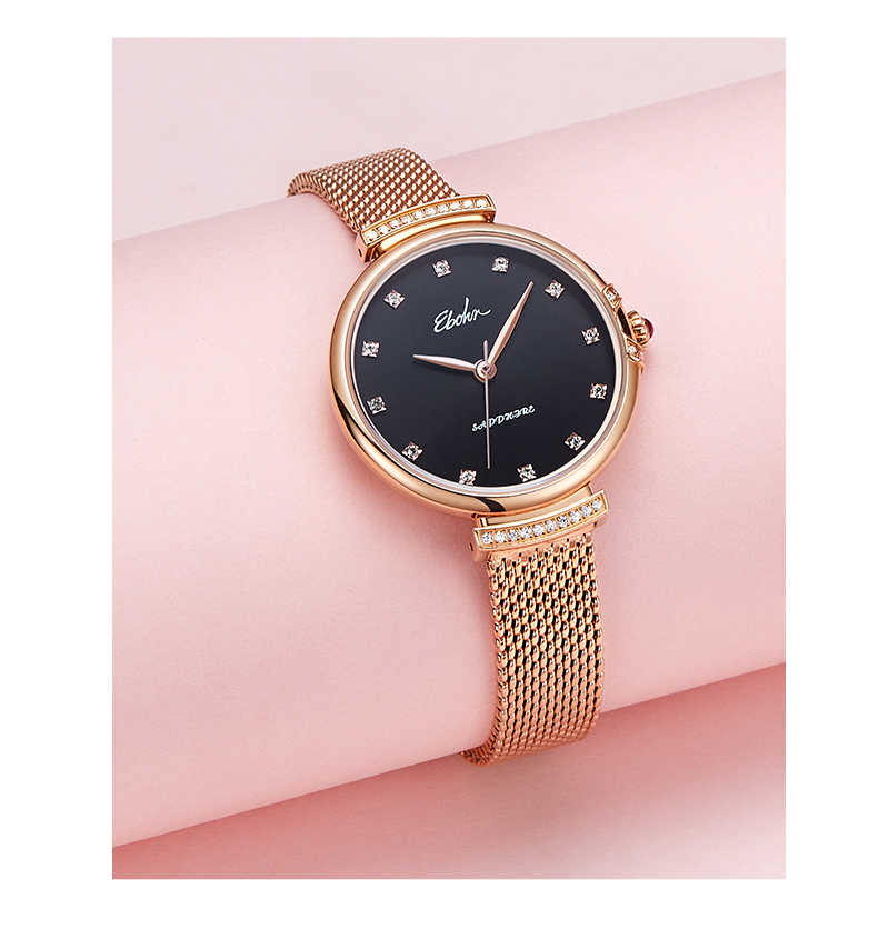 依波ebohr手表女士腕表卡纳系列石英女表文艺清新时尚钢带锆石镶嵌