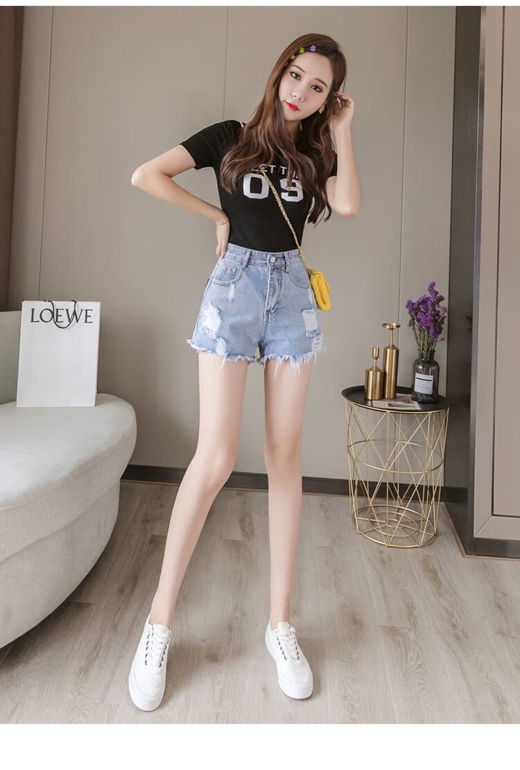 短裤女夏季薄款2021新款高腰显瘦破洞宽松a字热裤潮ins浅蓝色277短裤s