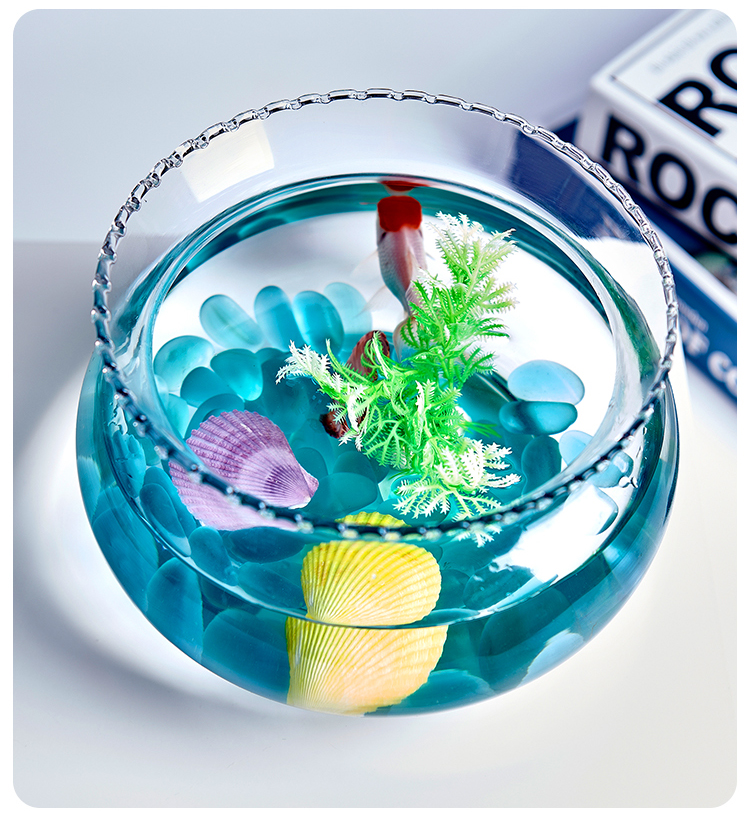 小型鱼缸迷你乌龟缸玻璃鱼缸圆形家用金鱼缸办公桌面摆件23花边缸彩石