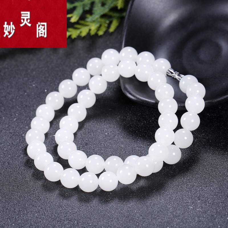 妙灵阁 新疆和田玉圆珠项链天然羊脂白玉男女款转运珠6-10mm玉珠链古