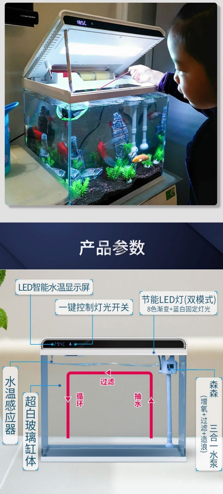 森森(sunsun)鱼缸水族箱鱼缸灯增氧水泵造景超白玻璃金鱼缸 48cm长