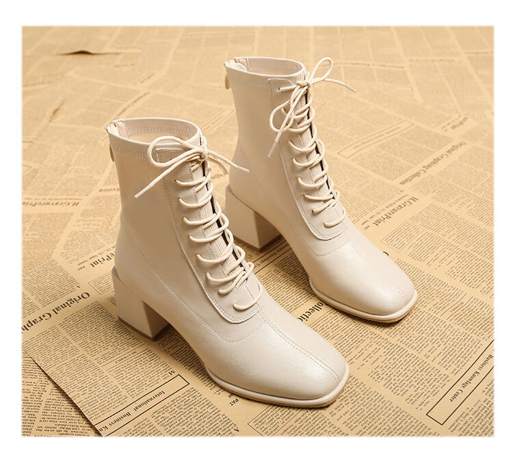 女士半高跟半筒靴白色马丁靴女生秋冬款显瘦中跟高帮鞋系带英伦风短靴