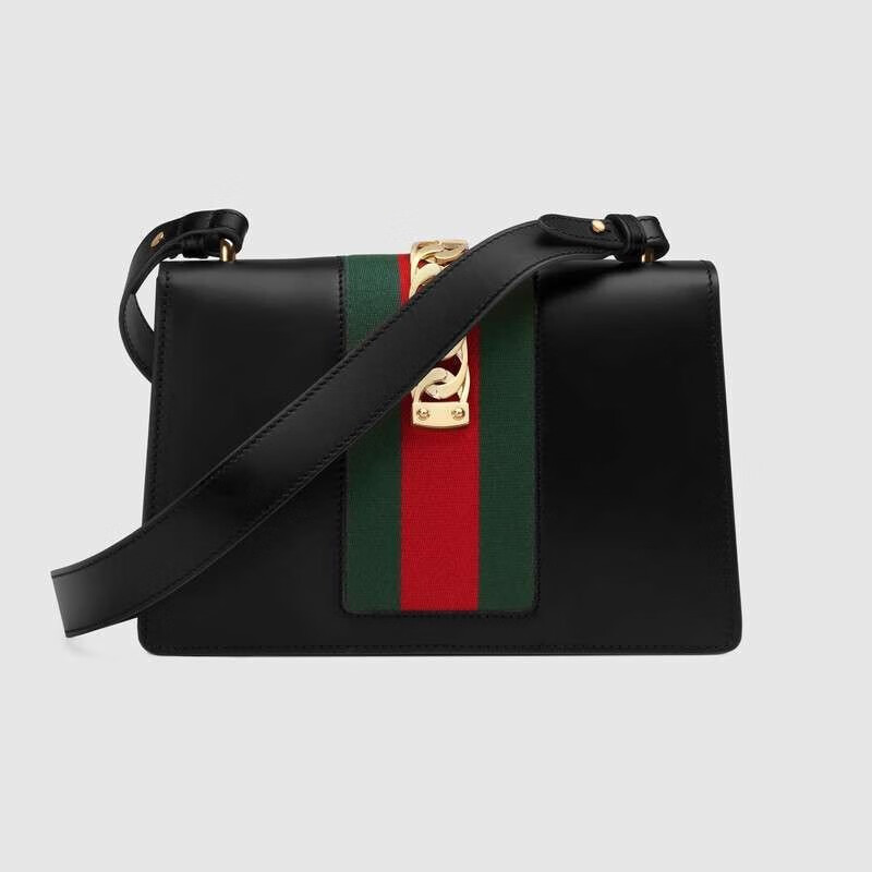 【二手95新】gucci/古驰sylvie系列黑色皮革女士塞尔维亚单肩斜挎包