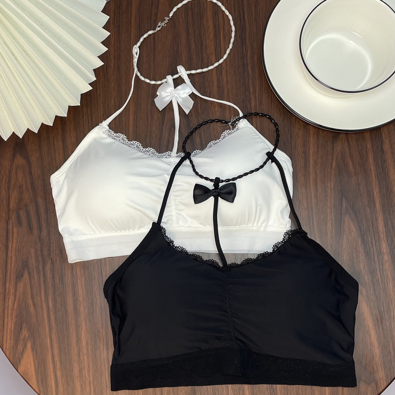 冰丝内搭短款上衣蝴蝶结挂脖吊带背心抹胸内衣女夏季白珍珠挂脖均码