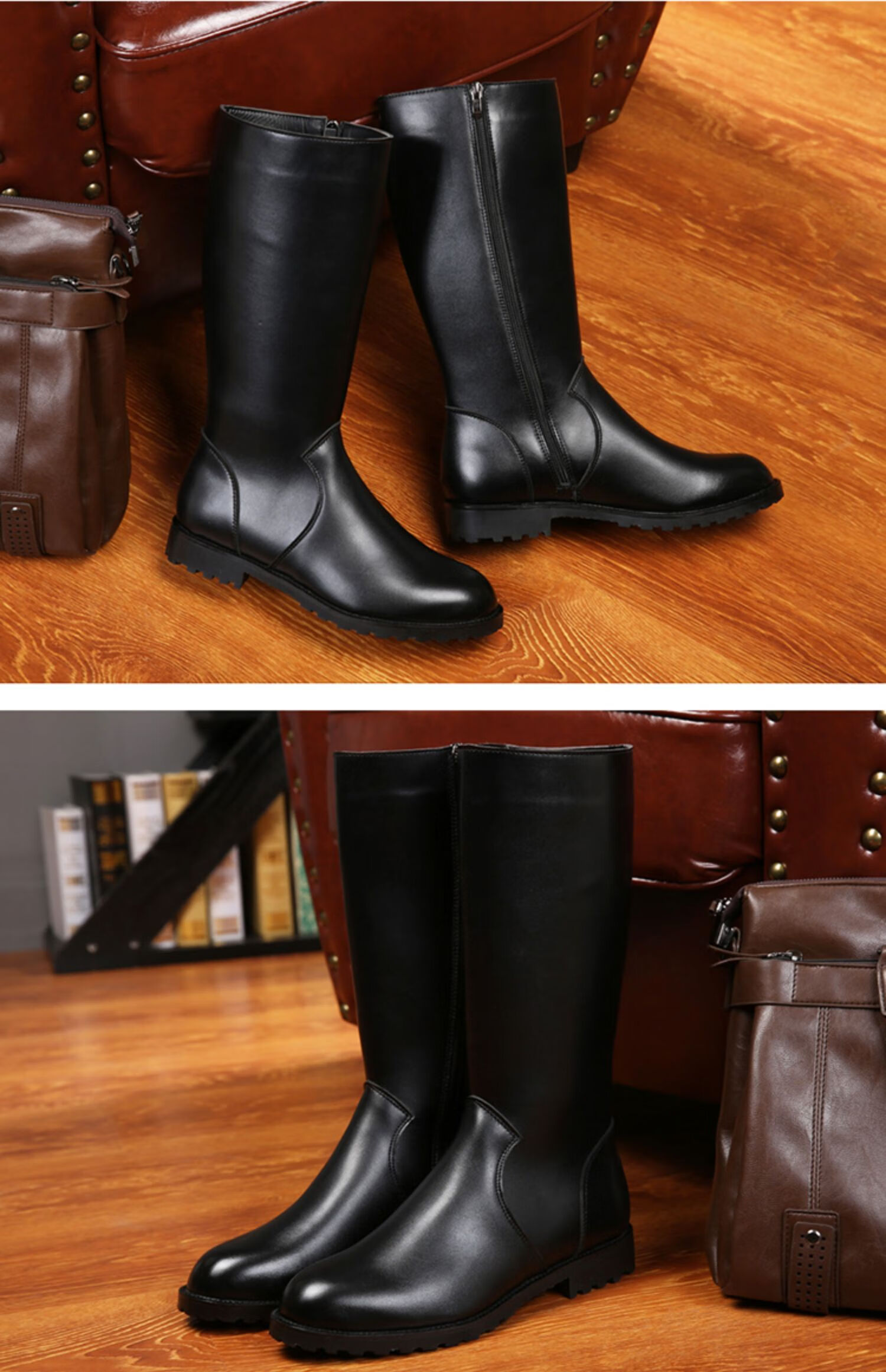 男士马靴长筒靴英伦时尚高筒马丁靴高帮皮靴防水机车潮 黑色加绒款 44