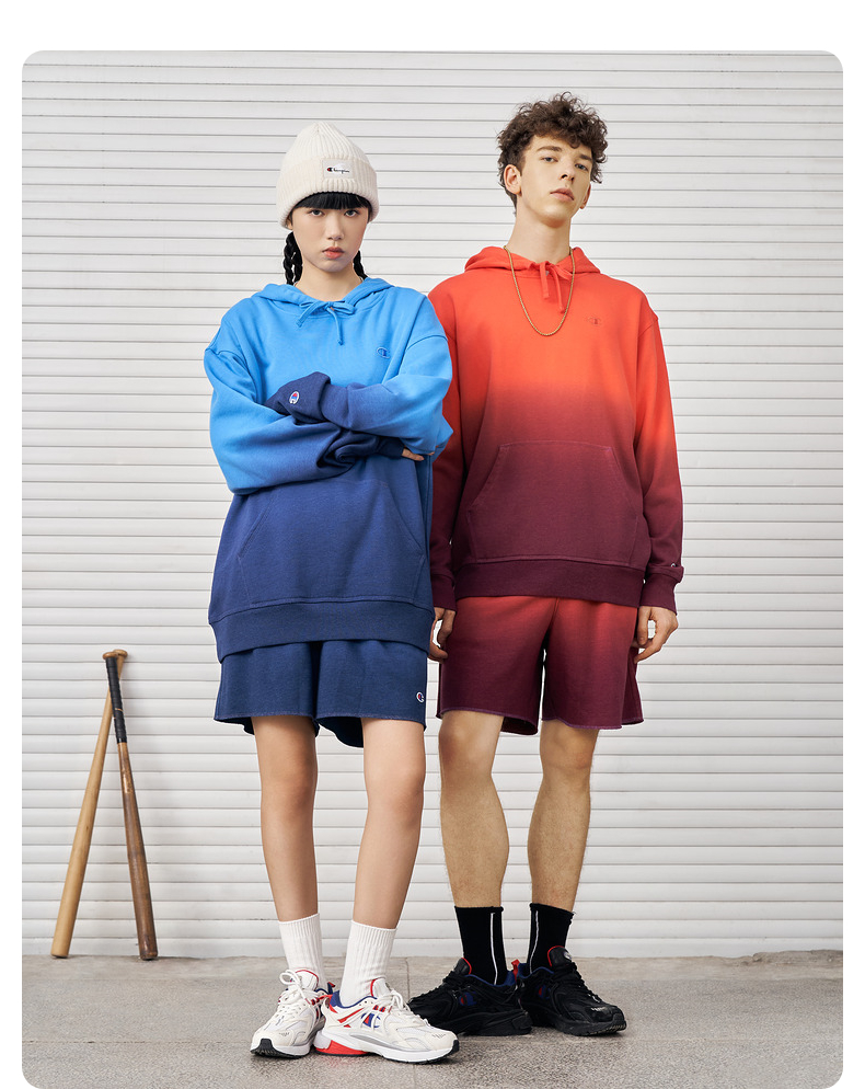 champion冠军2021秋季新款刺绣小c扎染渐变连帽套头卫衣 蓝色扎染 s