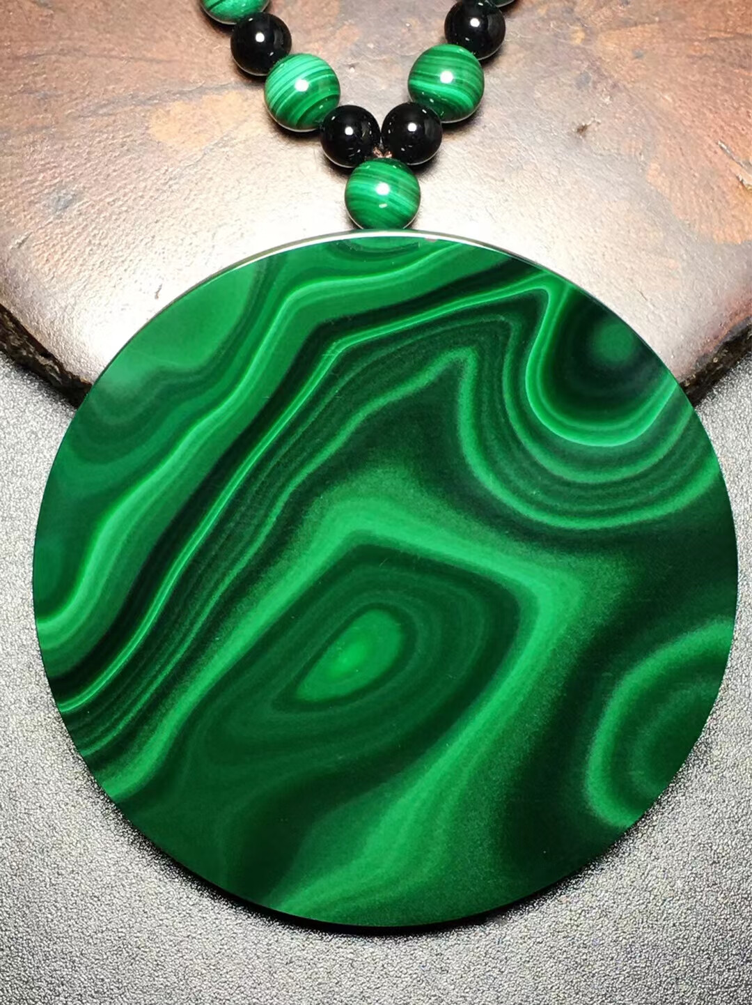 海清正堂天然孔雀石圆牌平安牌吊坠男女款孔雀石原石吊坠饰品一物一图