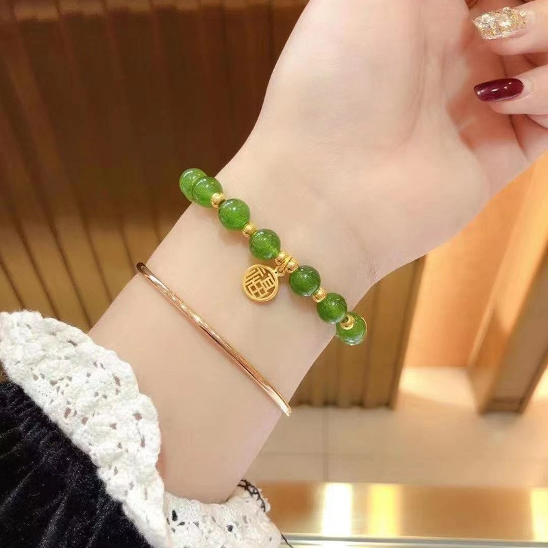 老鳯凰绿玉髓黄金手链女小福牌小金珠手串999足金520情人节送女朋友