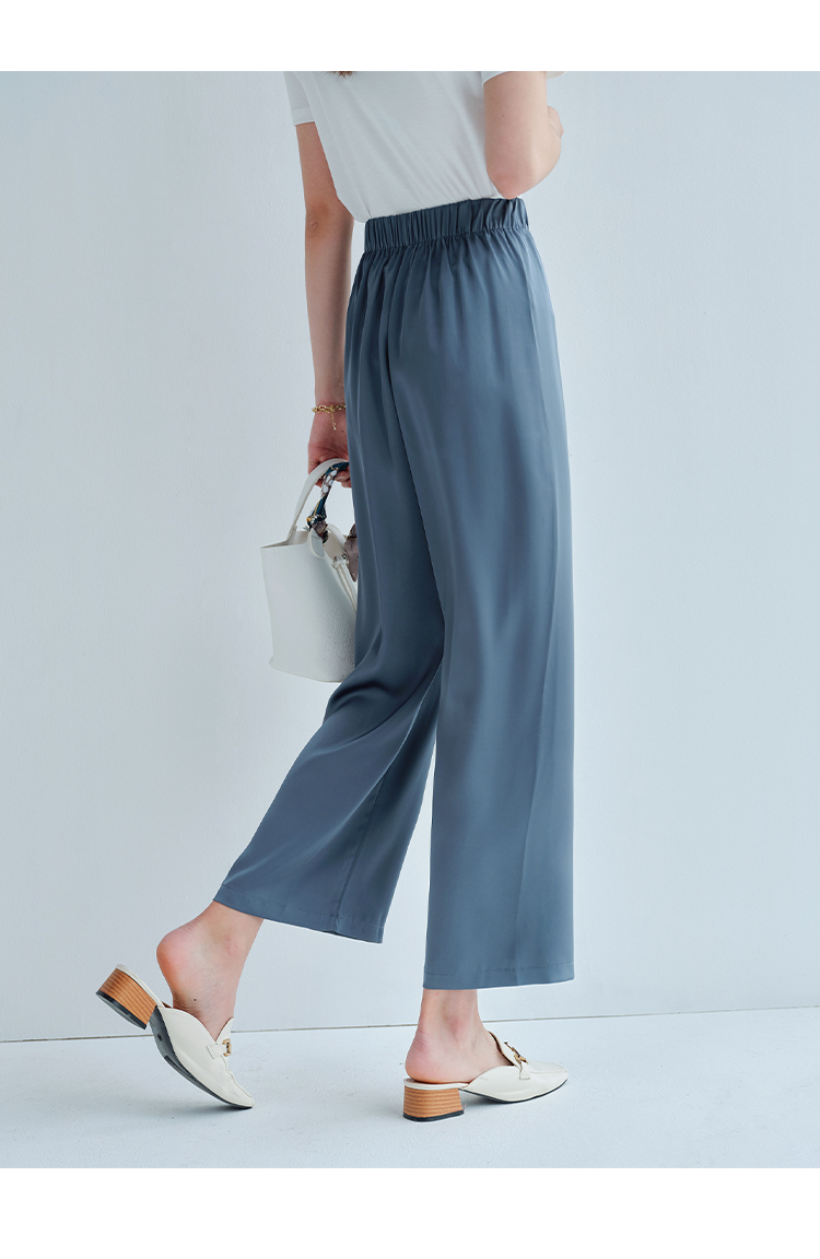 初棉 夏日清凉 光泽感缎面空气裤女高腰显瘦 薄款九分冰丝阔腿裤 杏仁