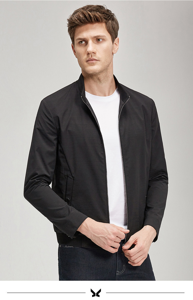 【商场同款】九牧王男装夹克男2021春季款条纹黑色立领修身茄克外套男