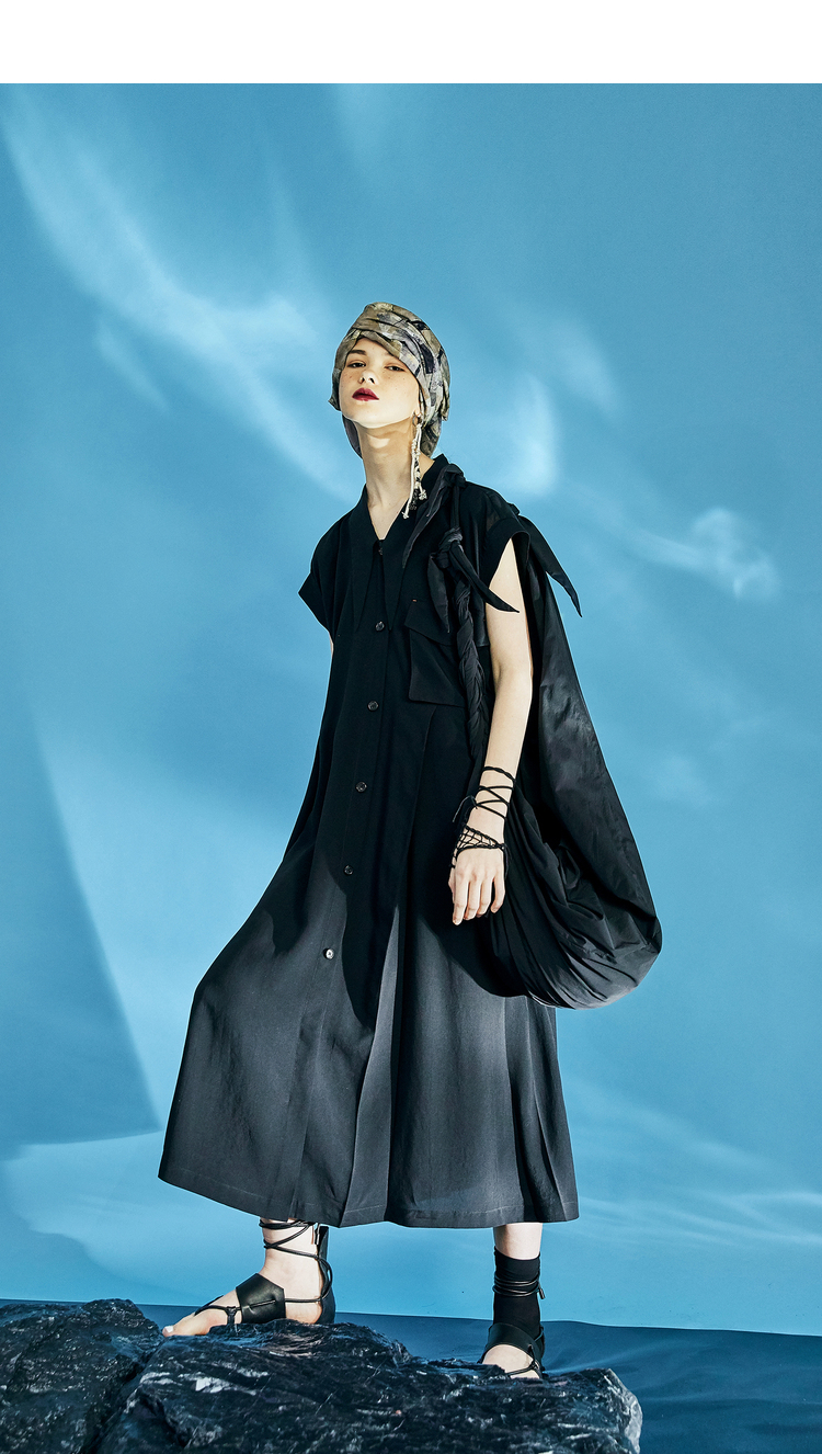 日着原创设计感女装2021夏新款宽松短袖衬衫领小众裙子女连衣裙孤岛黑