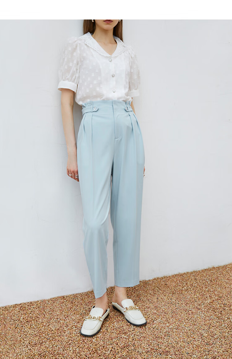 范思蓝恩花苞裤子女2021夏季薄款直筒休闲裤九分高腰哈伦裤211532天空