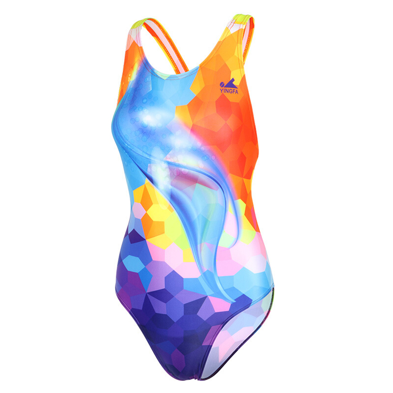 泳衣女童儿童泳衣女女童中大童比赛训练竞速显瘦连体三角游泳装彩虹