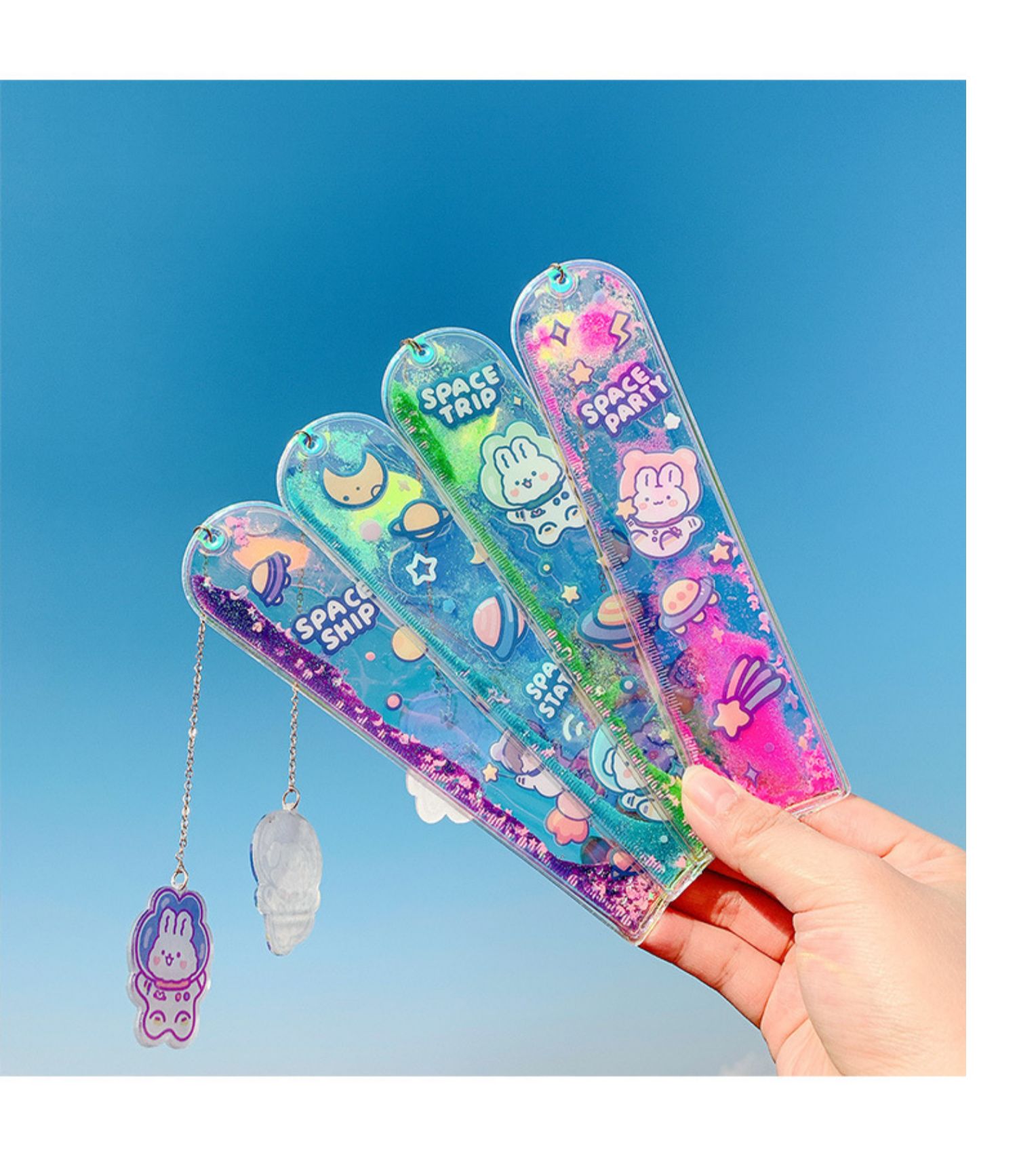 创意流沙书签格尺可爱超萌卡通少女心文具15cm直尺儿童入油吊坠软尺多