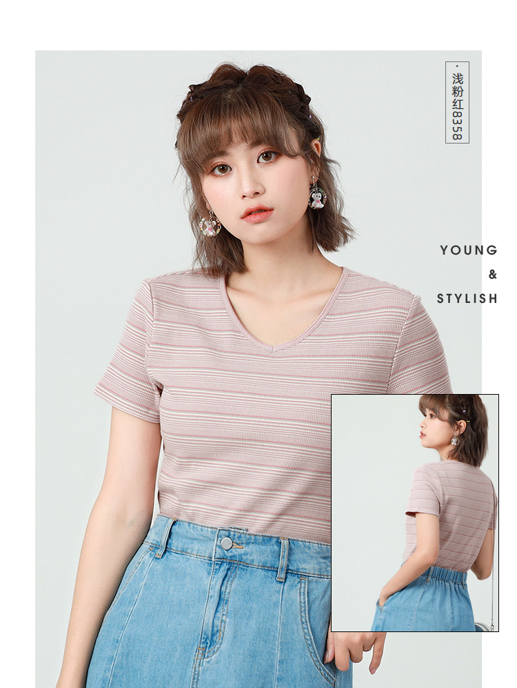 真维斯女装甜美v领上衣 2021夏新款 弹力条纹淑女风休闲短袖t恤jw 浅