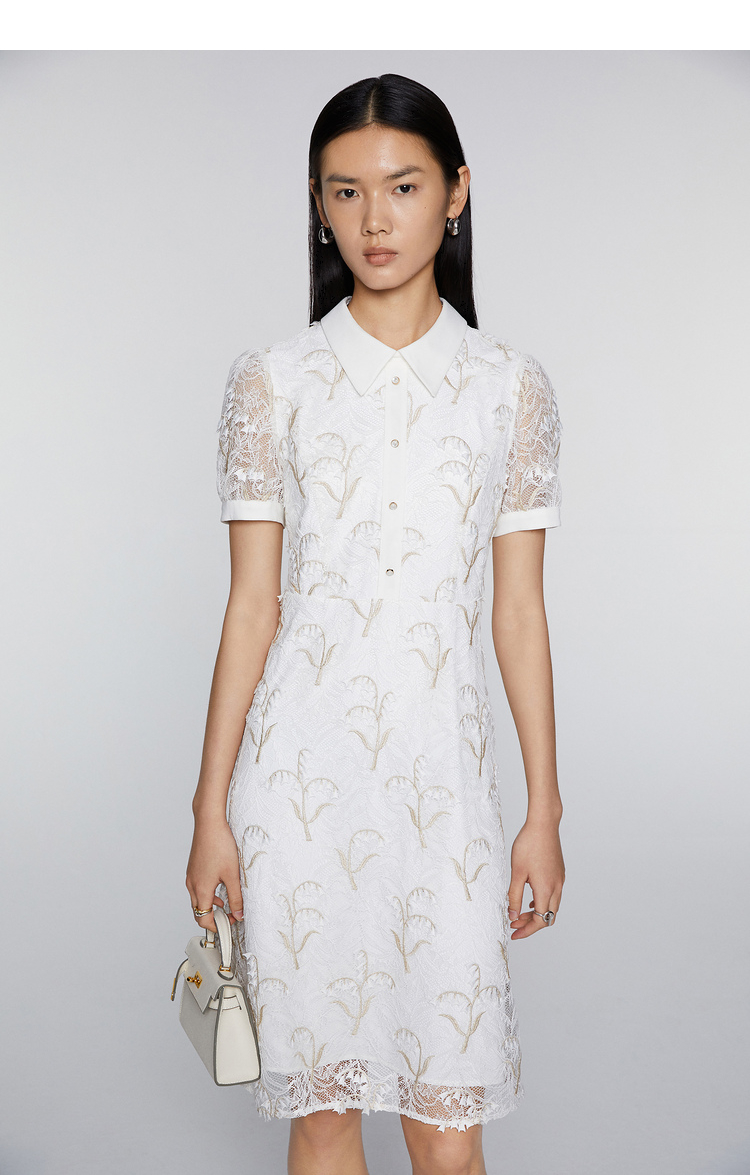 恩裳蔻2021夏季新款时尚通勤短袖修身显瘦衬衣领蕾丝连衣裙