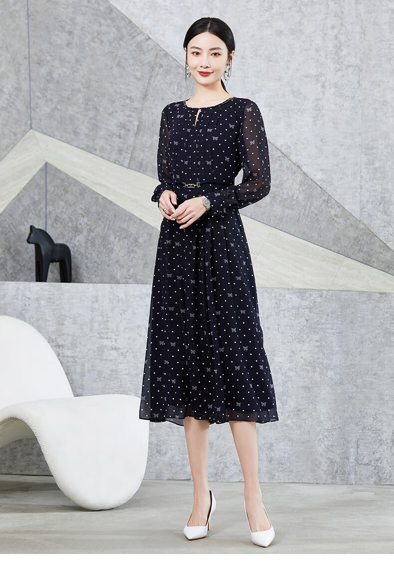 jananno简爱诺夏季新品圆点印花长袖收腰连衣裙j2210085lq蓝色36