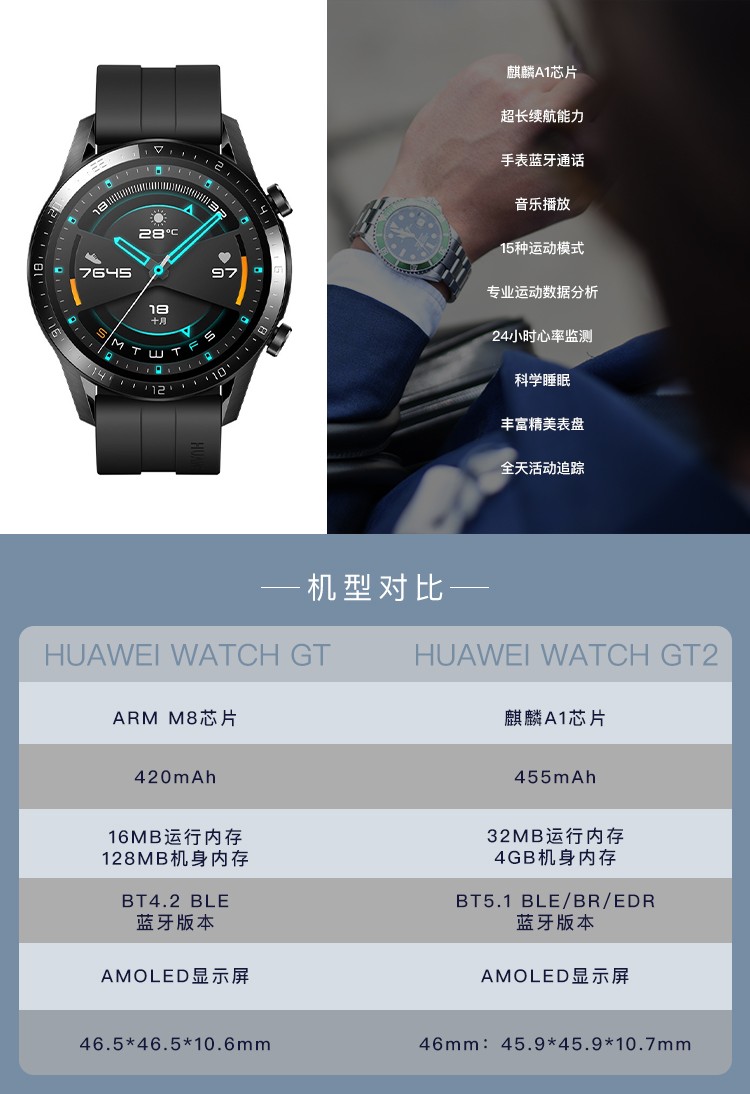 二手95新华为huawei华为gt1gt2智能手表移动支付强劲续航血氧检测麒麟