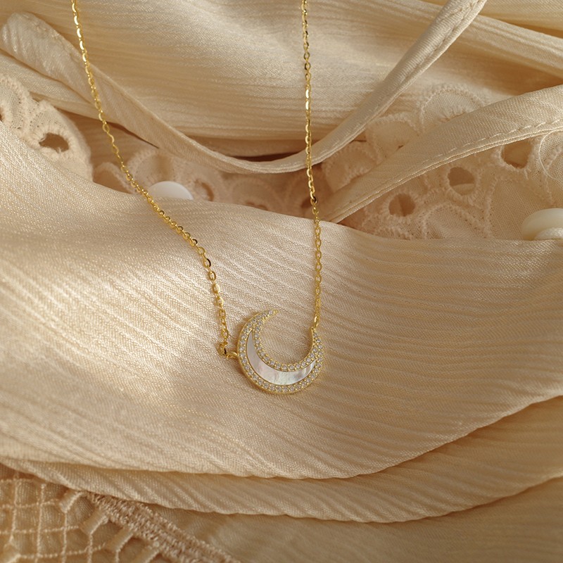 魅星紫 天然贝母月亮项链白月光温柔气质简约锁骨链 (金色)月亮项链