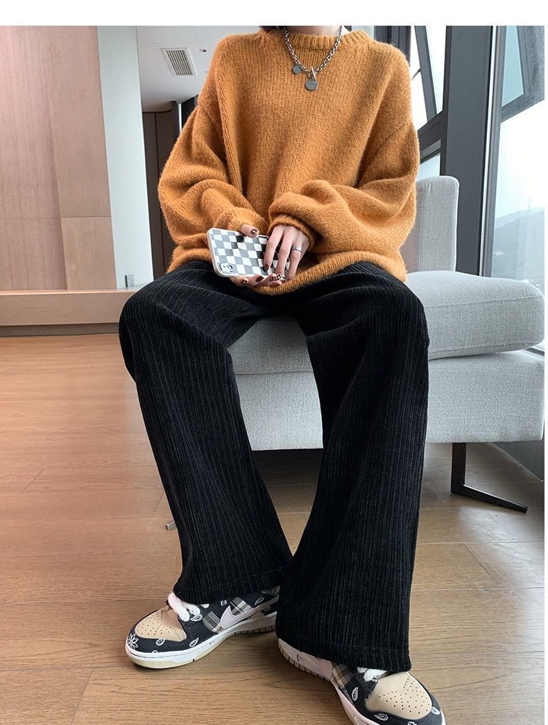 条绒直筒高腰垂感灯芯绒拖地裤子黑色面料春秋薄款加长款l116130斤