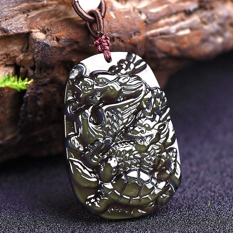 珒福源黑曜石吊坠生肖龙吉祥物四灵聚合水晶四神兽项链男女饰品