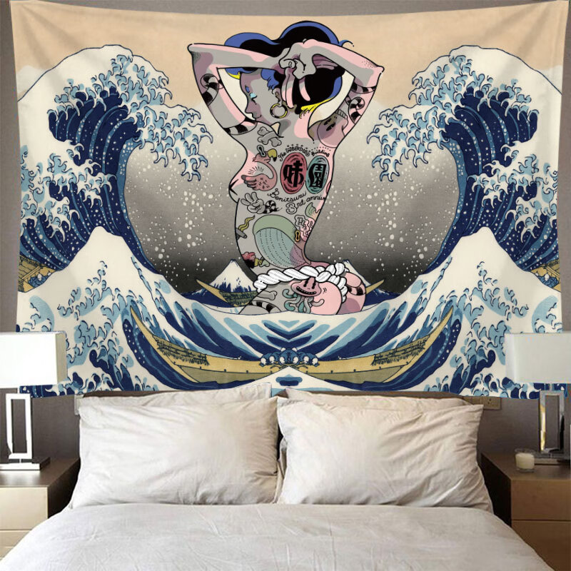 浮世绘挂布神奈川冲浪挂毯ins背景布纹身工作室壁毯桌布 黄底红日海浪