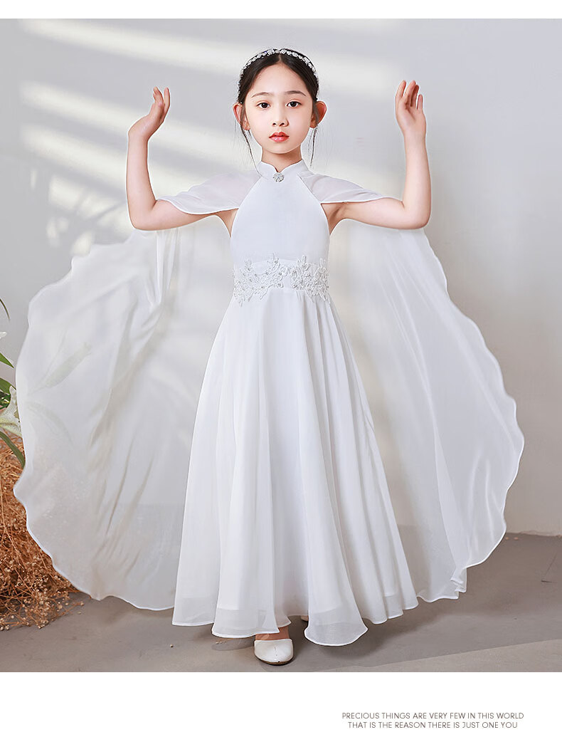 古筝比赛礼服儿童中国风女童古筝钢琴演奏演出服装白色儿童朗诵比赛