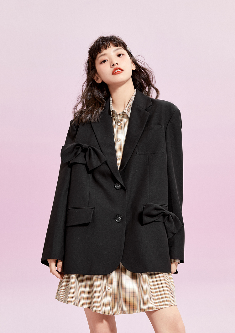 【新品】乐町蝴蝶结装饰西装2021夏季新款西装外套女夏设计感 粉色