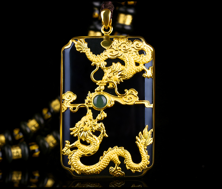 母亲节礼物 福韵礼 金镶玉生肖龙牌吊坠999足金和田玉黄金墨玉项链男