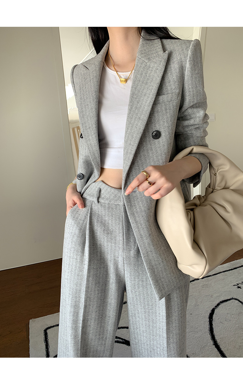 sgirl新款毛呢西装套装女冬季时尚休闲高级感条纹上衣羊毛阔腿裤西服