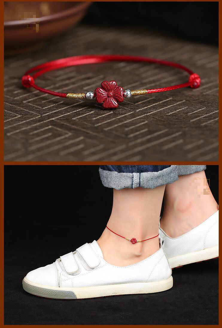 朱砂脚链原矿朱砂红绳脚链女银转运珠本命年貔貅简约百搭手链脚绳sn