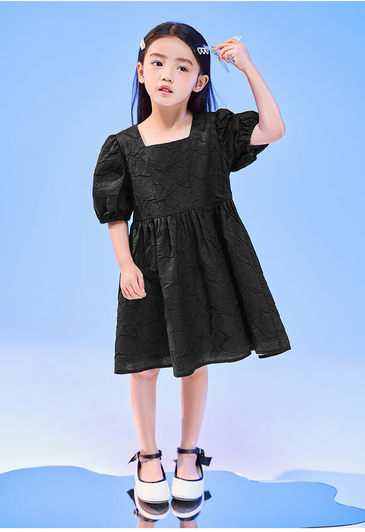 minipeace太平鸟童装儿童连衣裙女童黑色公主裙泡泡袖法式方领裙 黑色