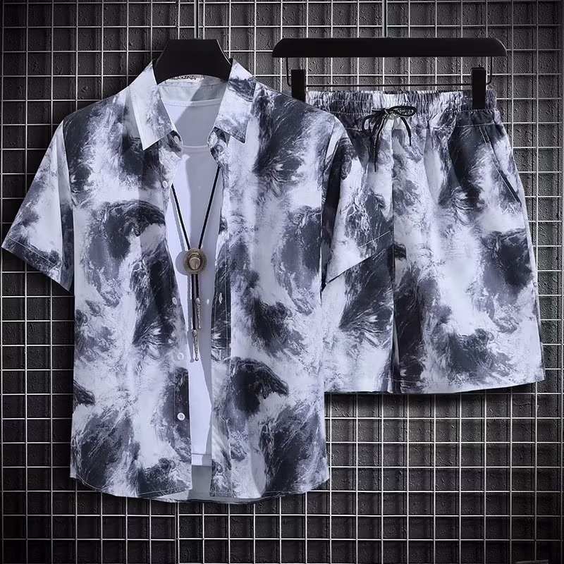 Casual Printed Shirt Men's Summer Beach Shorts Short-sleeved Two-piece Suit Loose Trend Handsome Hawaiian Vacation Shirt Men_viptrois.com