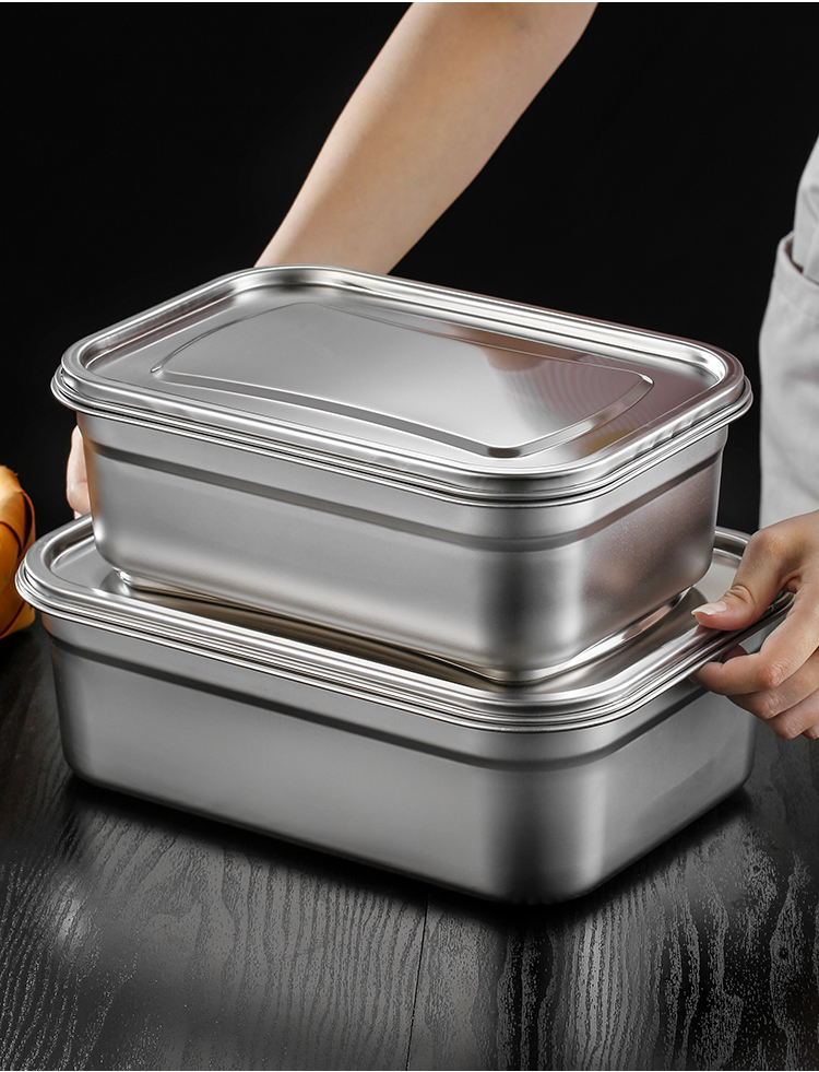 不锈钢盆带盖子不锈钢带盖菜盆长方形食物盒大容量密封保鲜储物盒厨房