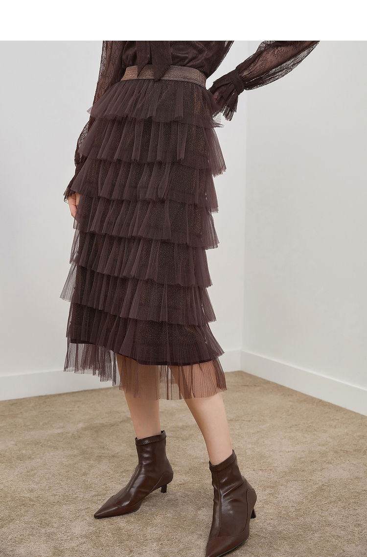 红袖千层网纱裙秋季新款女装松紧要半身别致蛋糕长裙浓郁可可041l