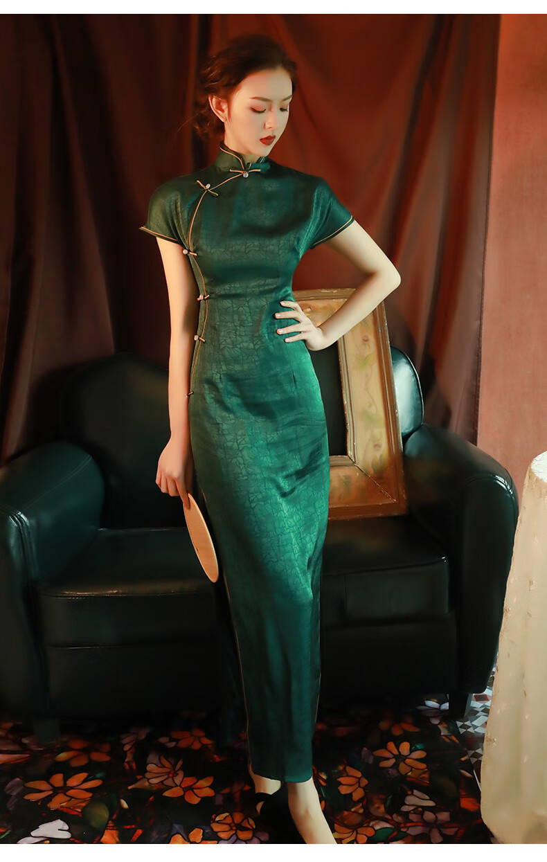 mlcriyg旗袍女品牌高端女装绿色修身高开叉长款女复古中国风老上海