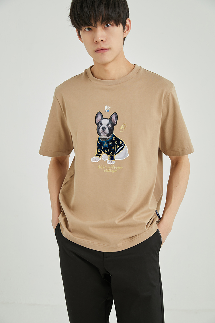 jackjones杰克琼斯夏男士休闲植绒刺绣法斗犬装饰纯棉短袖t恤