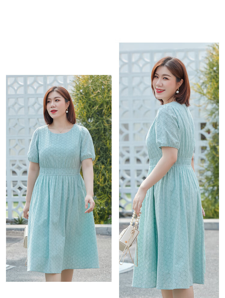 纤莉秀2021夏季新款大码女装收腰圆领胖mm纯色简约绣花连衣裙显瘦1980