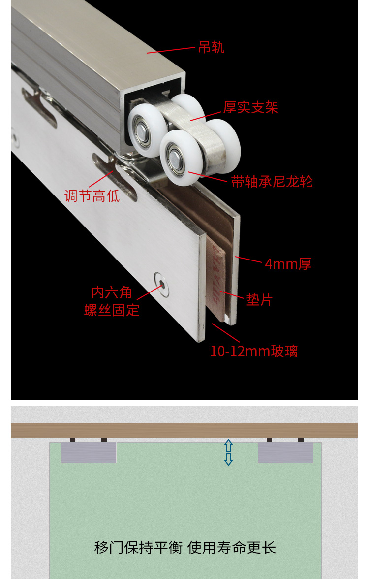 蒙莱奇钢化玻璃门吊轮玻璃移门吊轨滑轮重型玻璃门吊滑轨道导轮玻璃