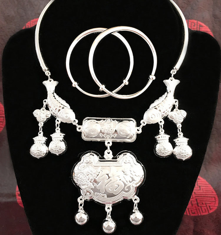 60高档精致的宝宝银项圈s999足银银小孩长命锁带福袋儿童铃铛婴儿