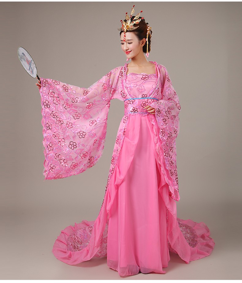 古装贵妃拖尾服装仙女唐装古代女式服装演出服汉服女公主舞蹈服装粉色