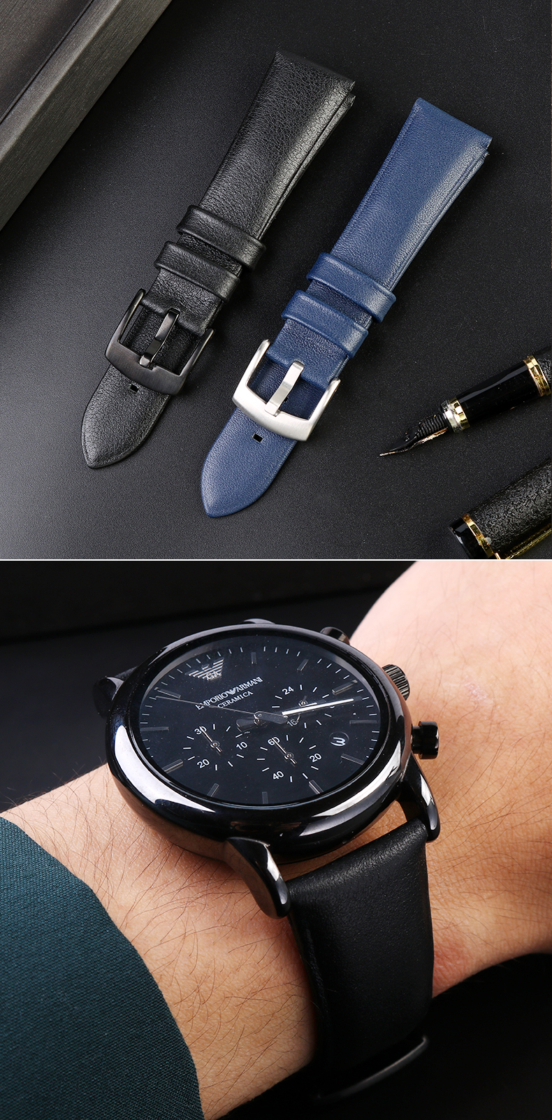 适配阿玛尼黑武士手表ar600126001160013男士商务真皮表带22mm蓝色