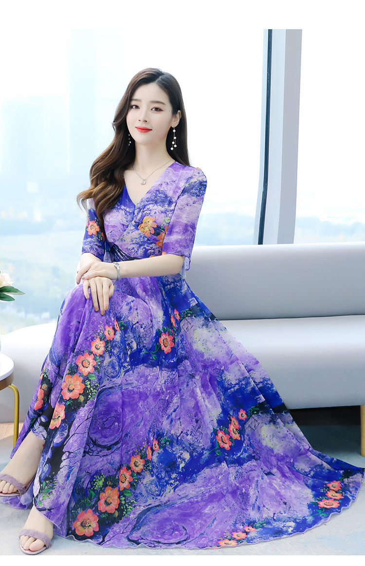 雪纺连衣裙女夏2021新款长款时尚印花气质收腰显瘦大摆沙滩裙长裙 玫