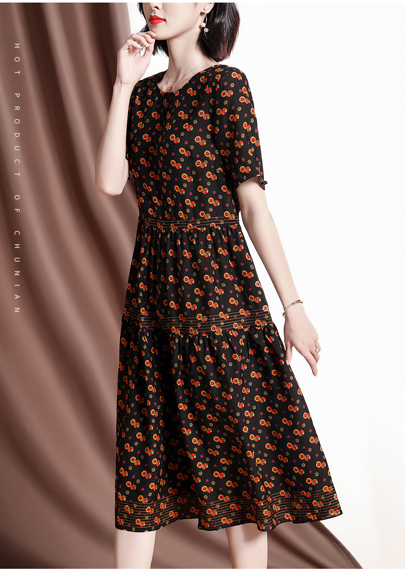 水昱儿碎花真丝连衣裙女夏季2021年新款高端重磅桑蚕丝气质裙子 棕色